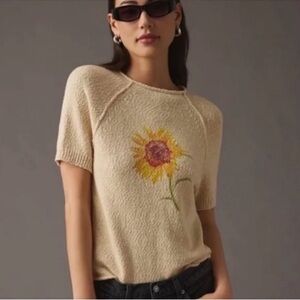 Anthropologie Pilcro Cream Sunflower Floral Graphic Sweater | Medium